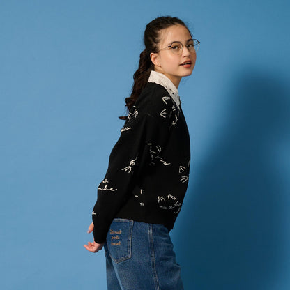 【AMI】貓咪全印花提花翻領針織衫