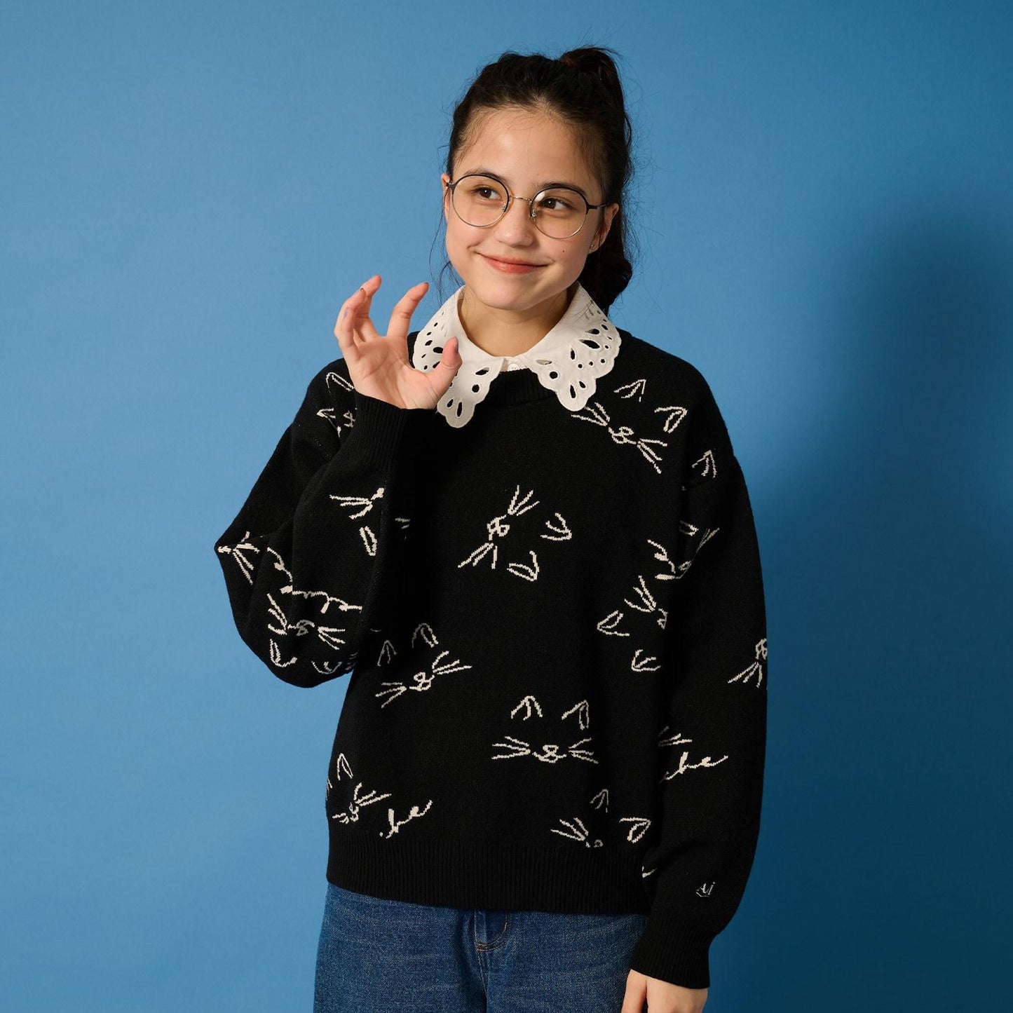 【AMI】貓咪全印花提花翻領針織衫