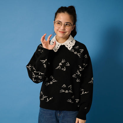 【AMI】貓咪全印花提花翻領針織衫