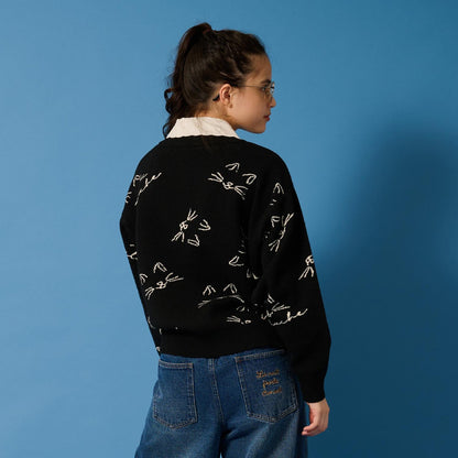 【AMI】貓咪全印花提花翻領針織衫