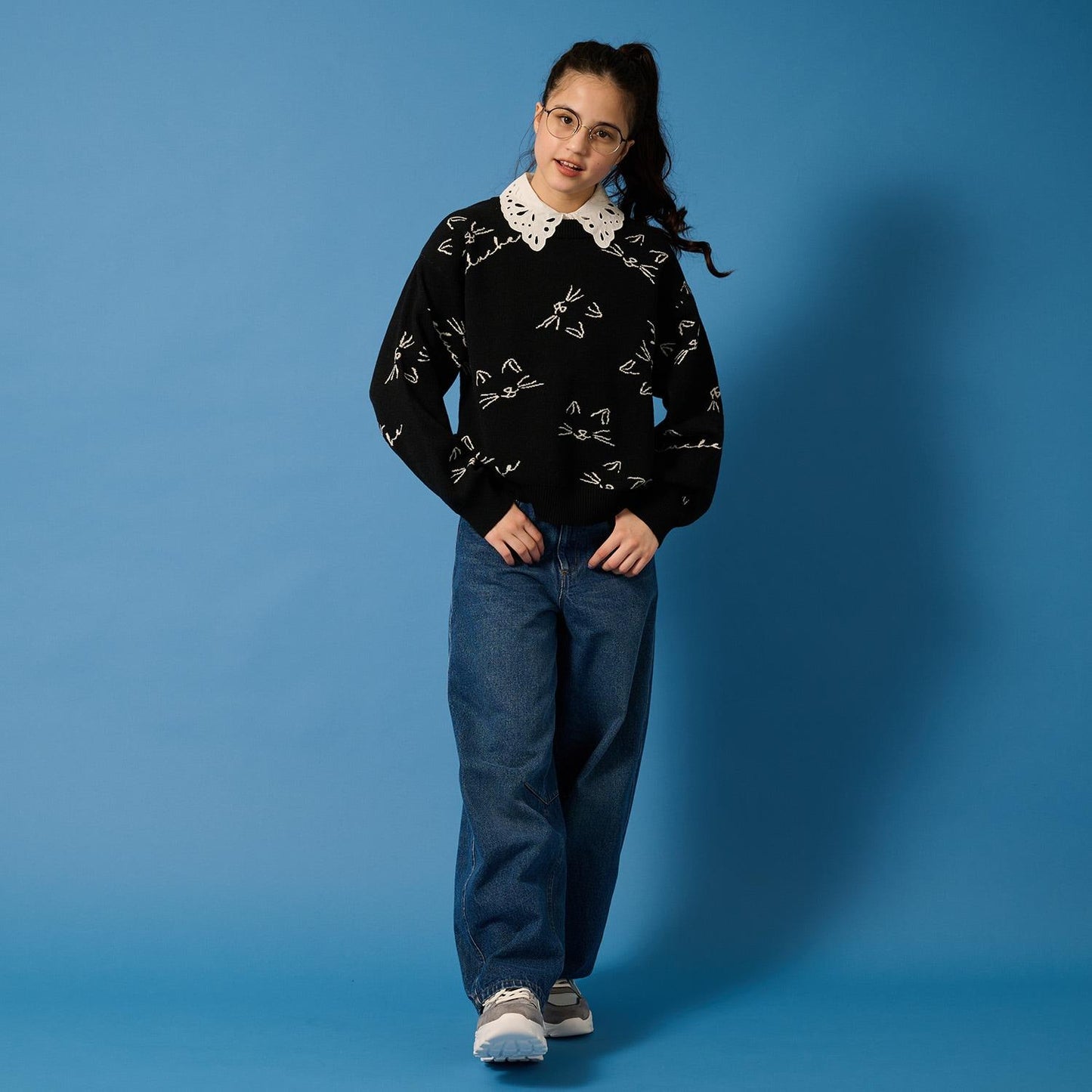 【AMI】貓咪全印花提花翻領針織衫