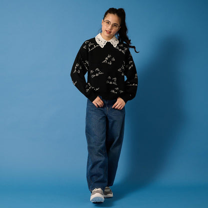 【AMI】貓咪全印花提花翻領針織衫