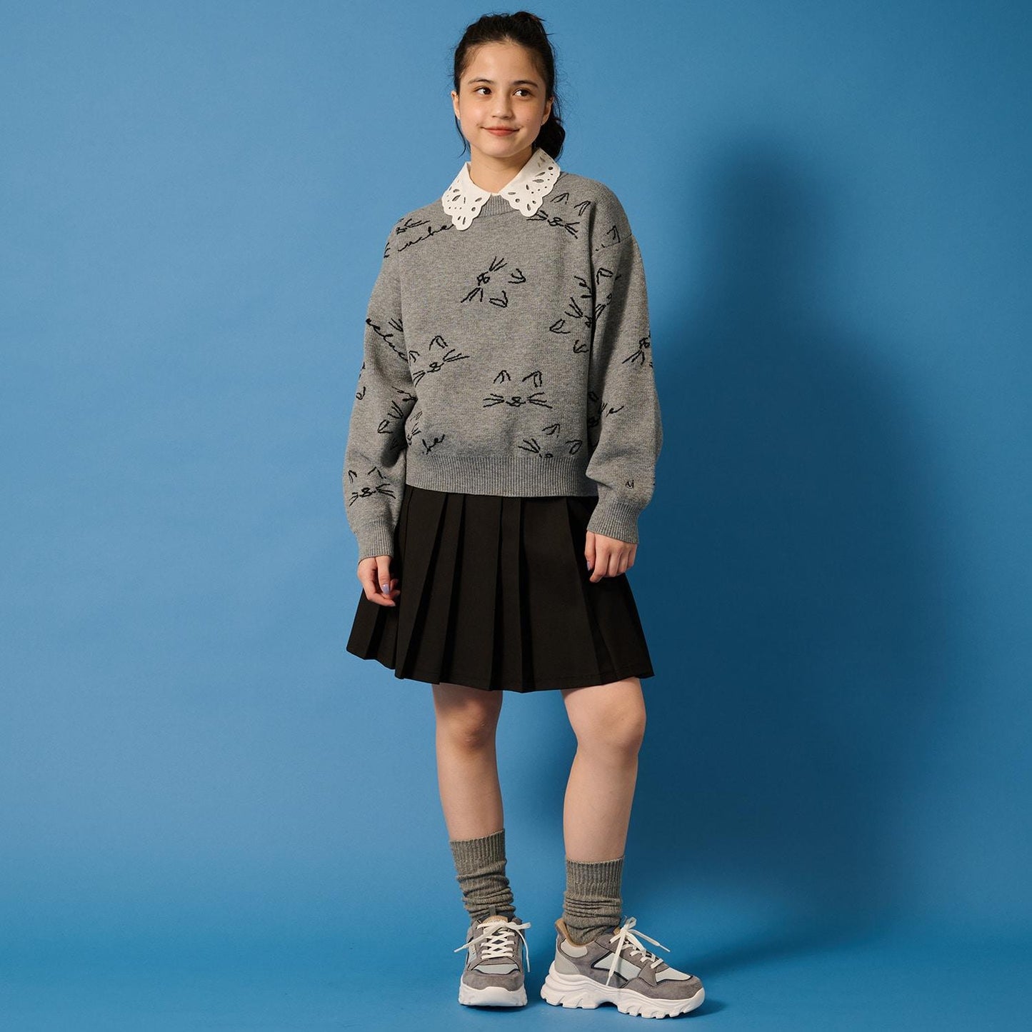 【AMI】貓咪全印花提花翻領針織衫