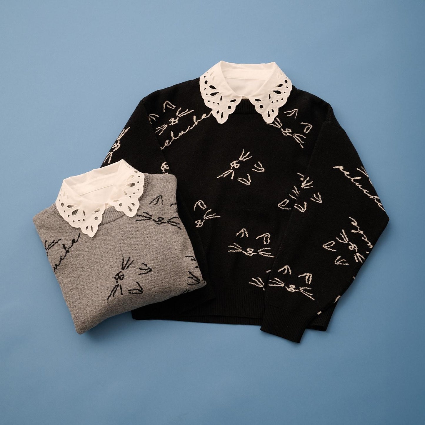 【AMI】貓咪全印花提花翻領針織衫