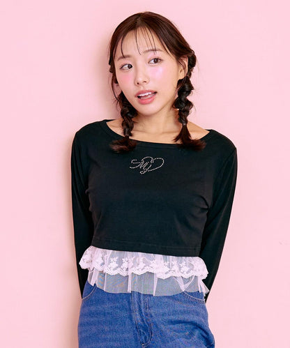 下襬荷葉邊鑲鑽T恤【韓國時尚】