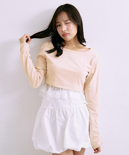 下襬荷葉邊鑲鑽T恤【韓國時尚】