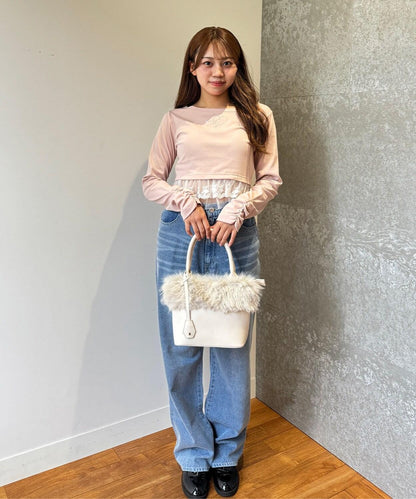 下襬荷葉邊鑲鑽T恤【韓國時尚】