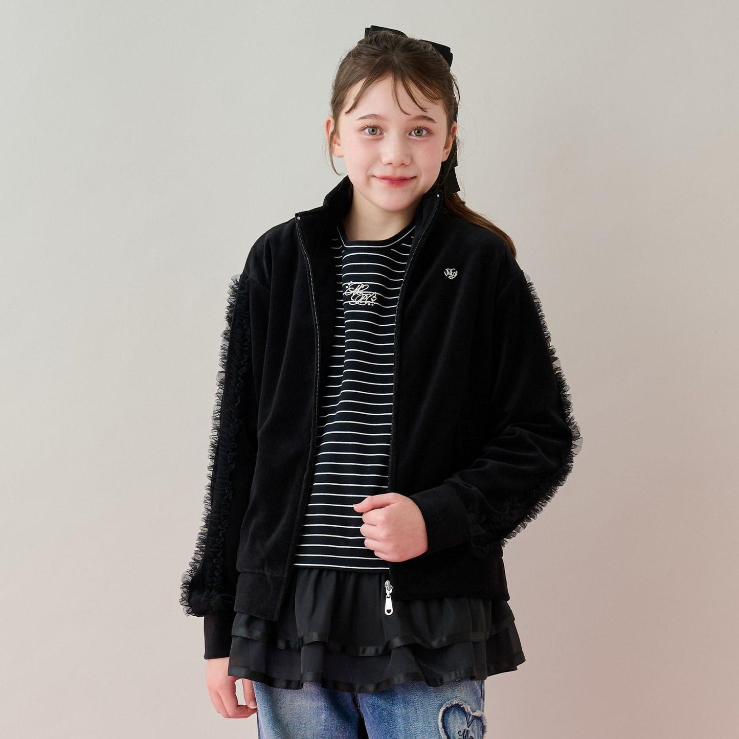 網紗荷葉邊天鵝絨夾克