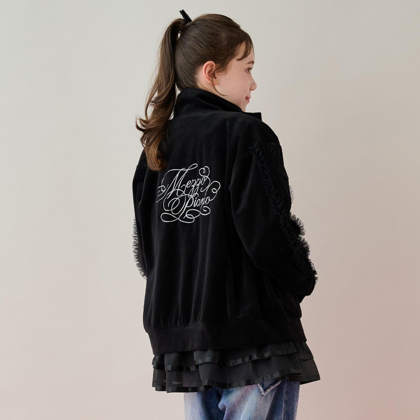 網紗荷葉邊天鵝絨夾克