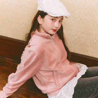 網紗荷葉邊天鵝絨夾克