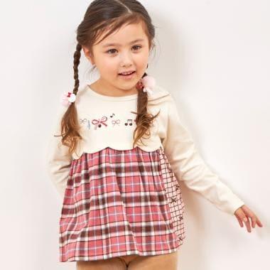 蝴蝶結拼接格紋波浪邊長袖上衣