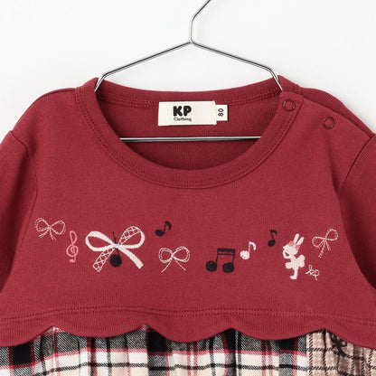 蝴蝶結拼接格紋波浪邊長袖上衣