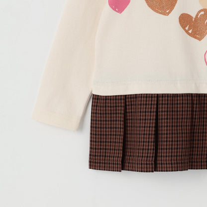 格紋百褶長袖長款上衣