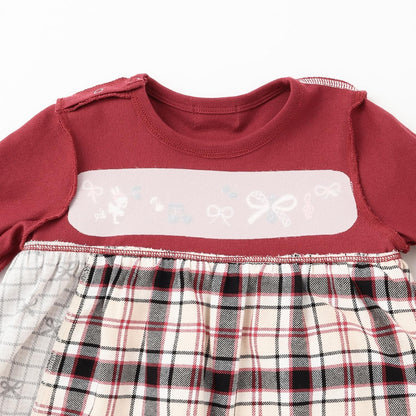 蝴蝶結拼接格紋波浪邊長袖上衣