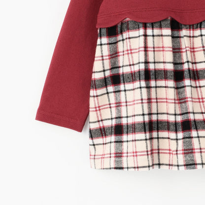 蝴蝶結拼接格紋波浪邊長袖上衣