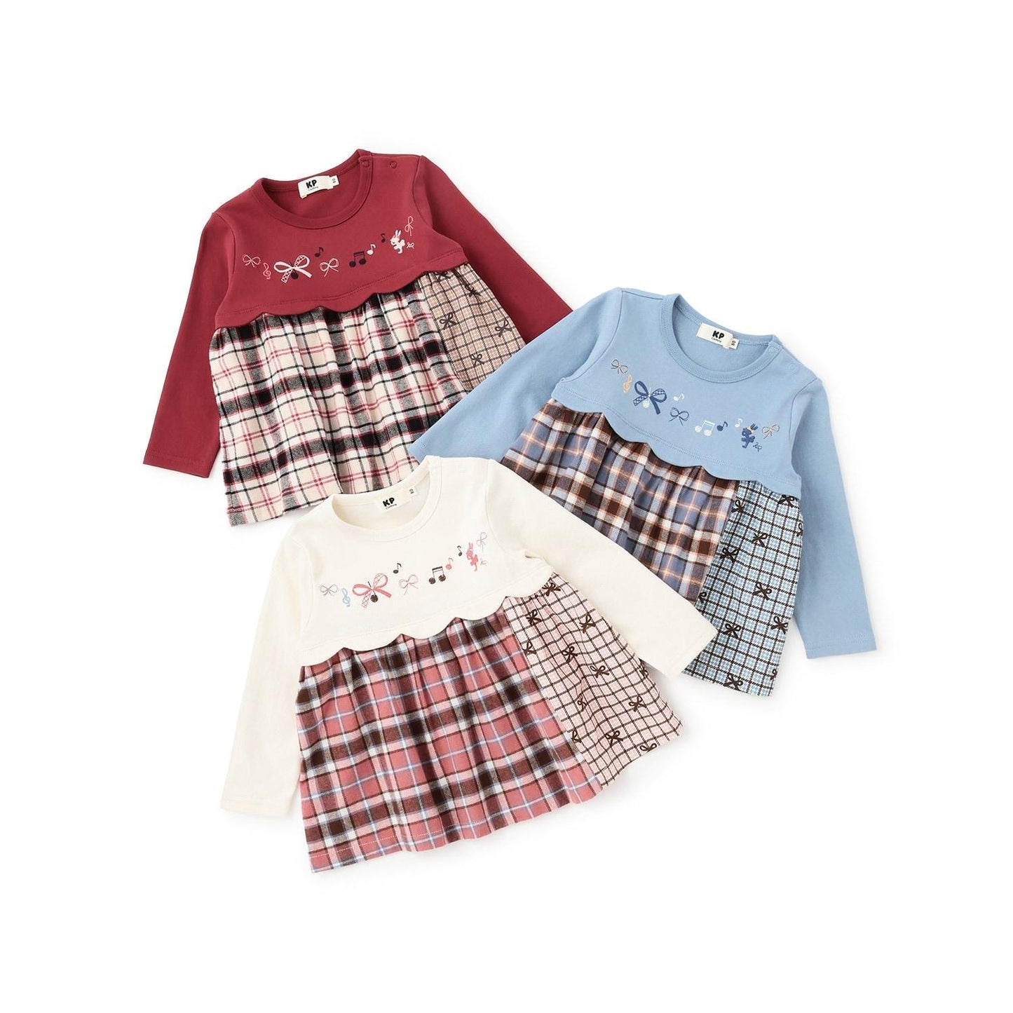 蝴蝶結拼接格紋波浪邊長袖上衣