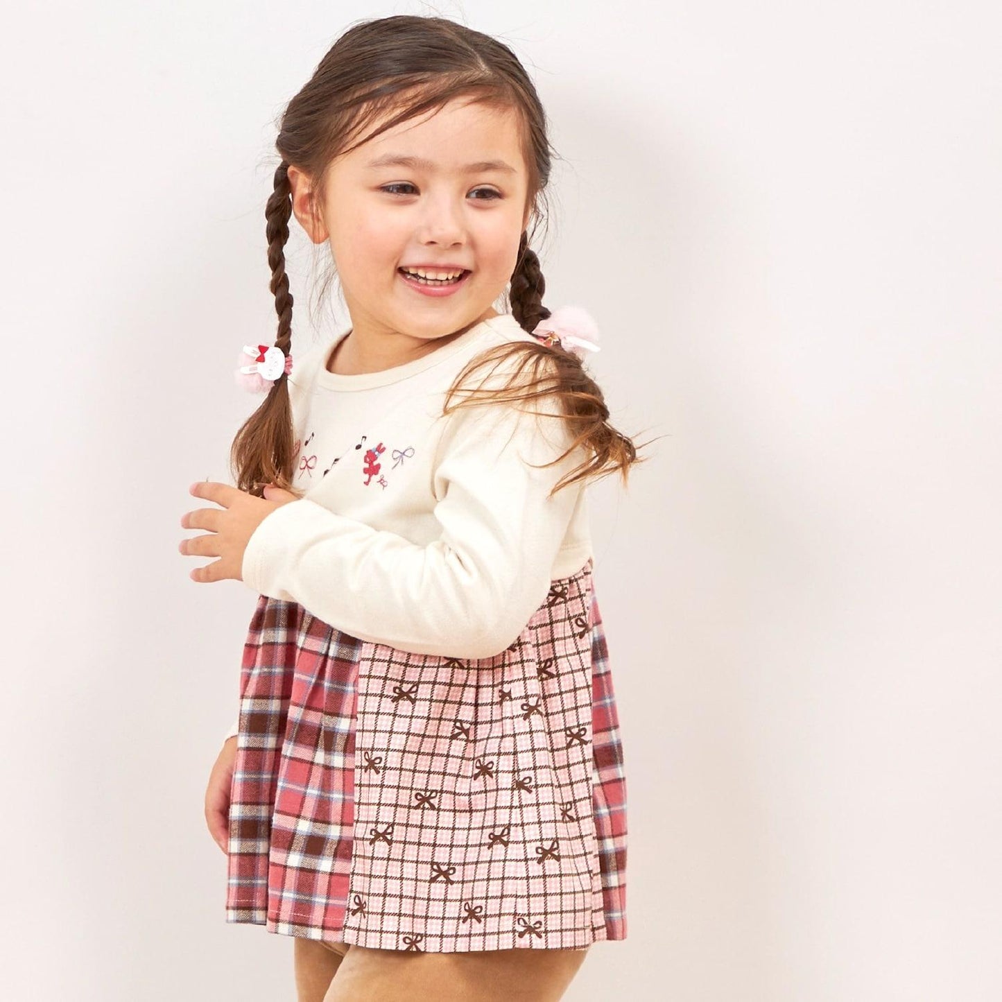 蝴蝶結拼接格紋波浪邊長袖上衣