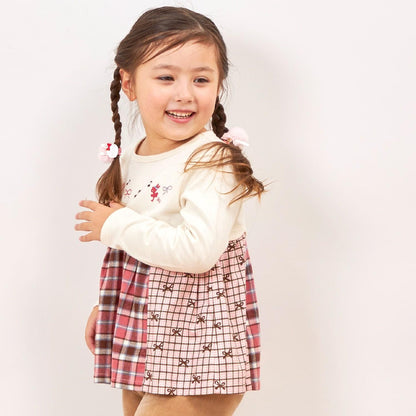 蝴蝶結拼接格紋波浪邊長袖上衣