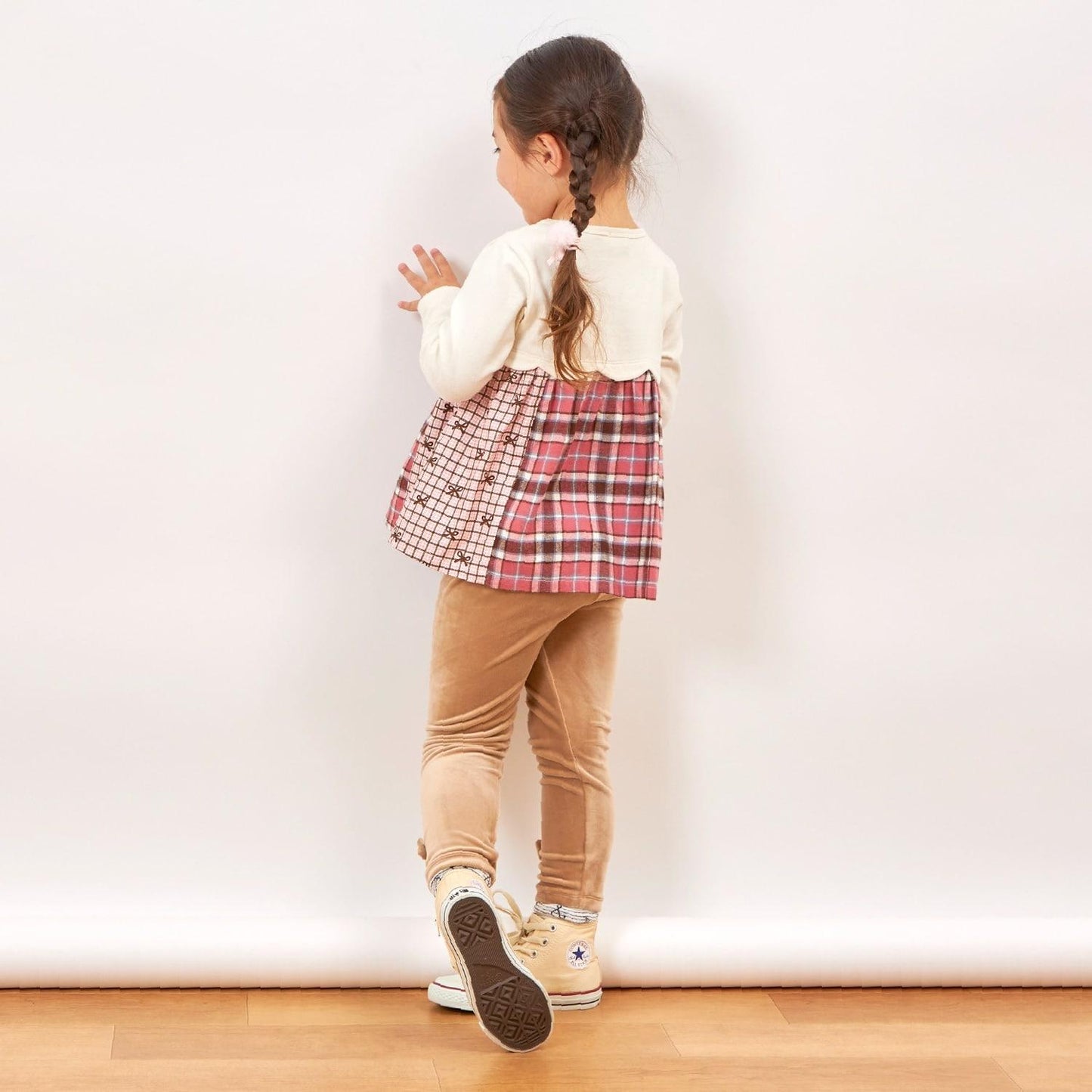 蝴蝶結拼接格紋波浪邊長袖上衣