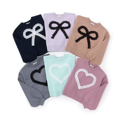 【像棉花糖般的穿著感】【可機洗】愛心蝴蝶結拼接圖案毛衣