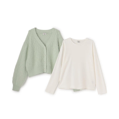 【AMI】長毛針織開衫×長袖T恤套裝