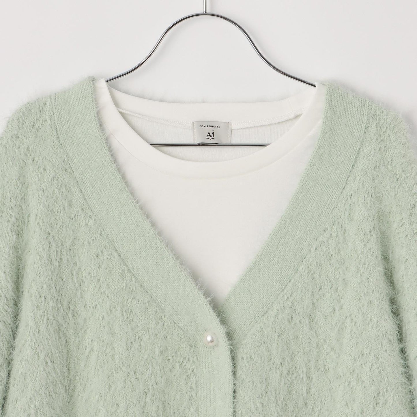 【AMI】長毛針織開衫×長袖T恤套裝