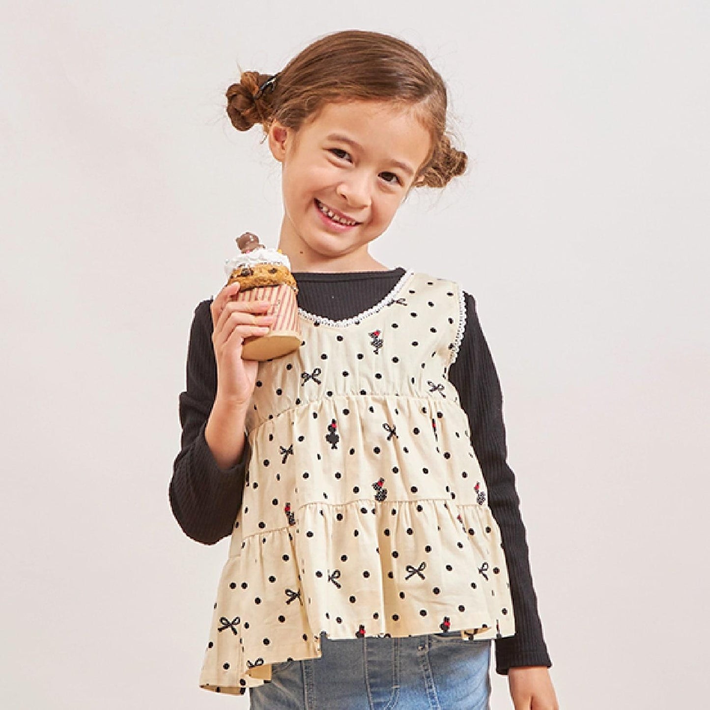 波點蝴蝶結圖案層疊風格長款上衣