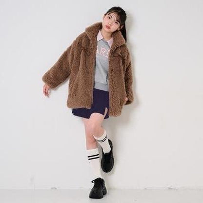 蝴蝶結點綴毛絨外套