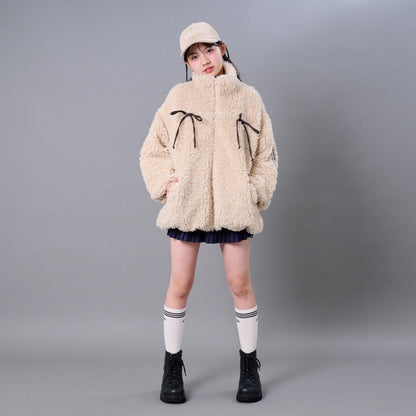 蝴蝶結點綴毛絨外套