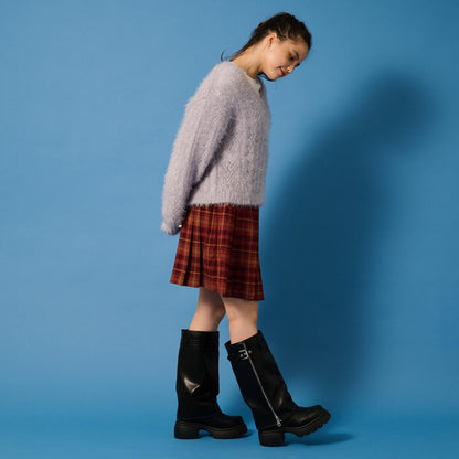 V領貓咪絨毛針織衫×T恤套裝