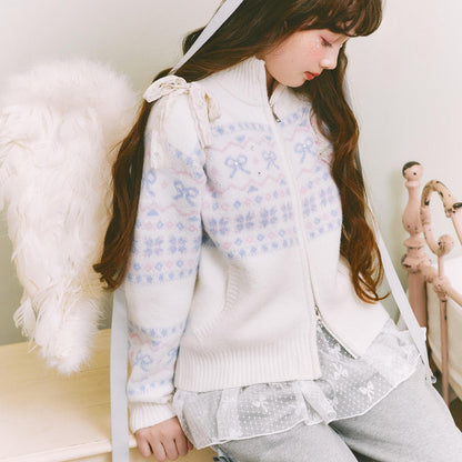 蝴蝶結圖案北歐風拉鍊開衫