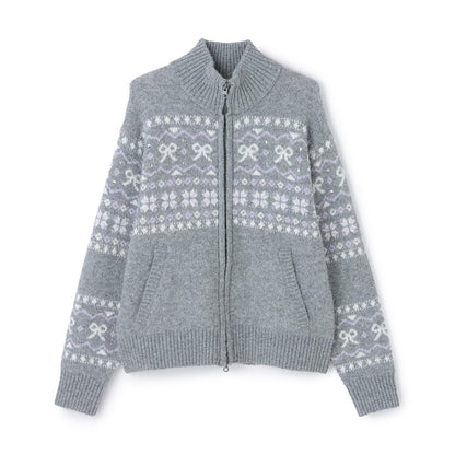 蝴蝶結圖案北歐風拉鍊開衫