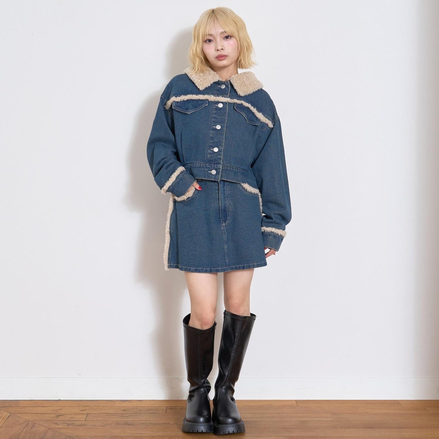 內襯絎縫牛仔夾克套裝