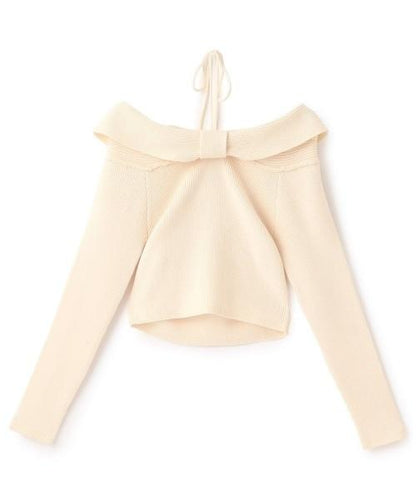 蝴蝶結一字肩針織套頭衫【韓國時尚】