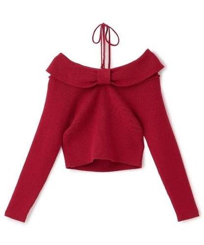 蝴蝶結一字肩針織套頭衫【韓國時尚】