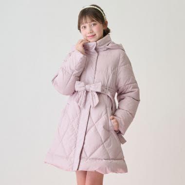 【防潑水】附蝴蝶結腰帶修身長款羽絨服