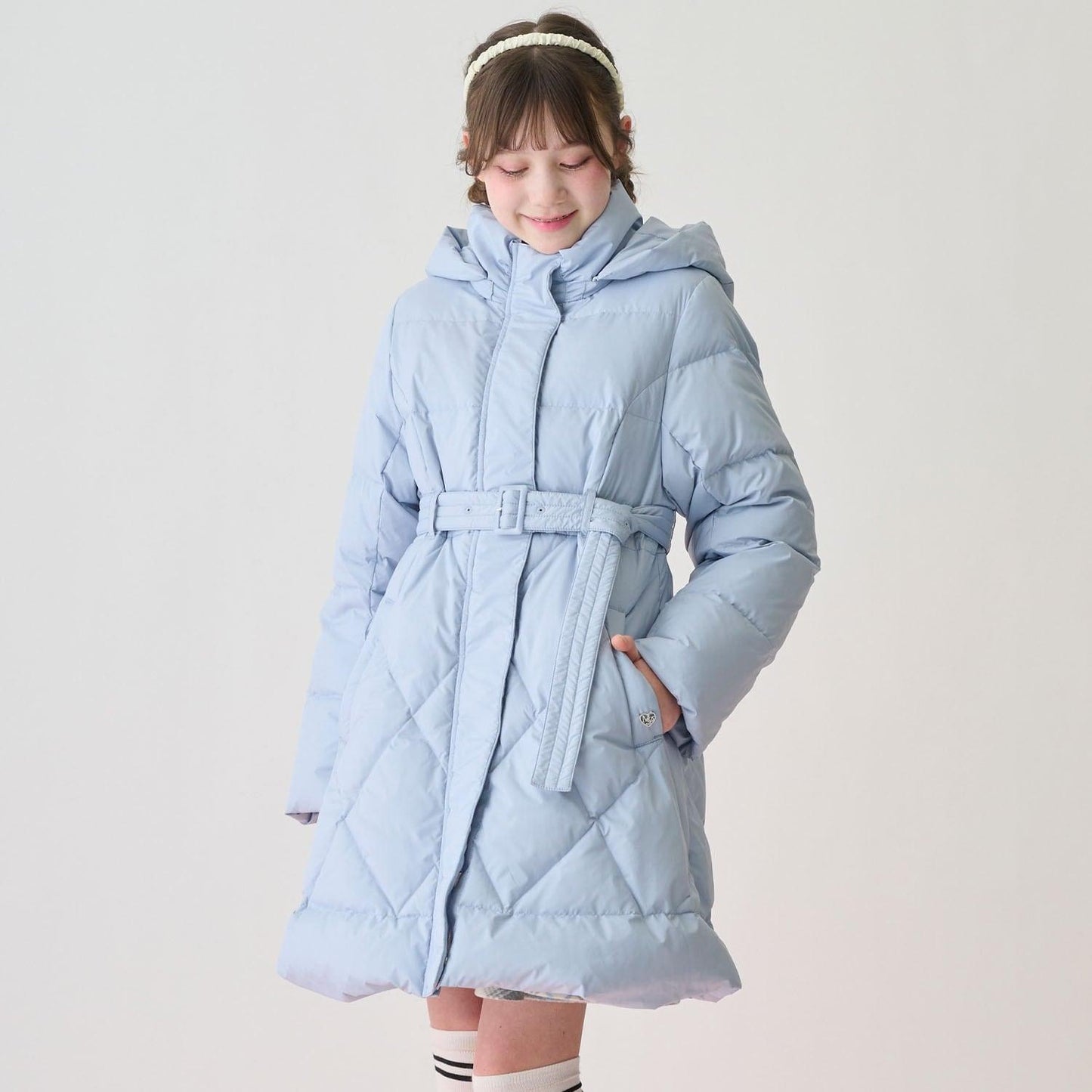 【防潑水】附蝴蝶結腰帶修身長款羽絨服