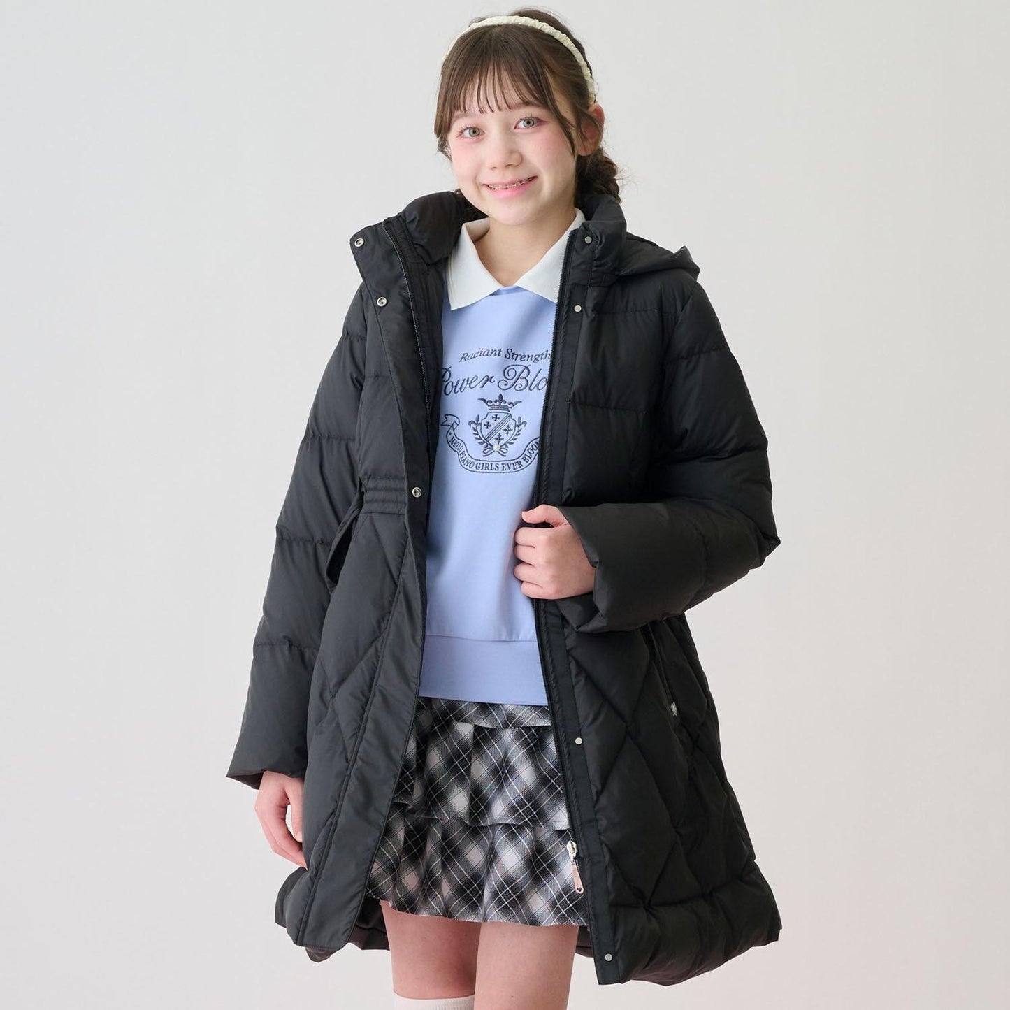 【防潑水】附蝴蝶結腰帶修身長款羽絨服