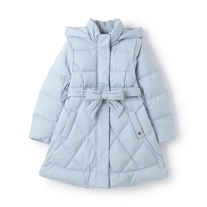 【防潑水】附蝴蝶結腰帶修身長款羽絨服