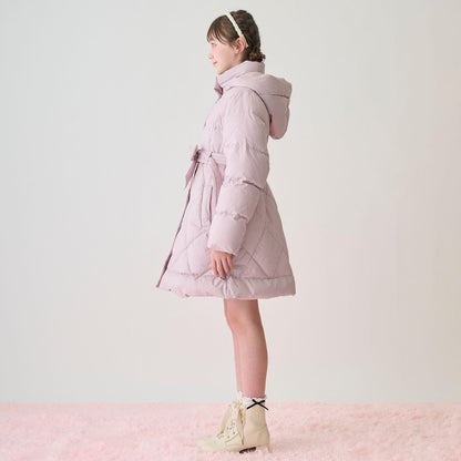 【防潑水】附蝴蝶結腰帶修身長款羽絨服