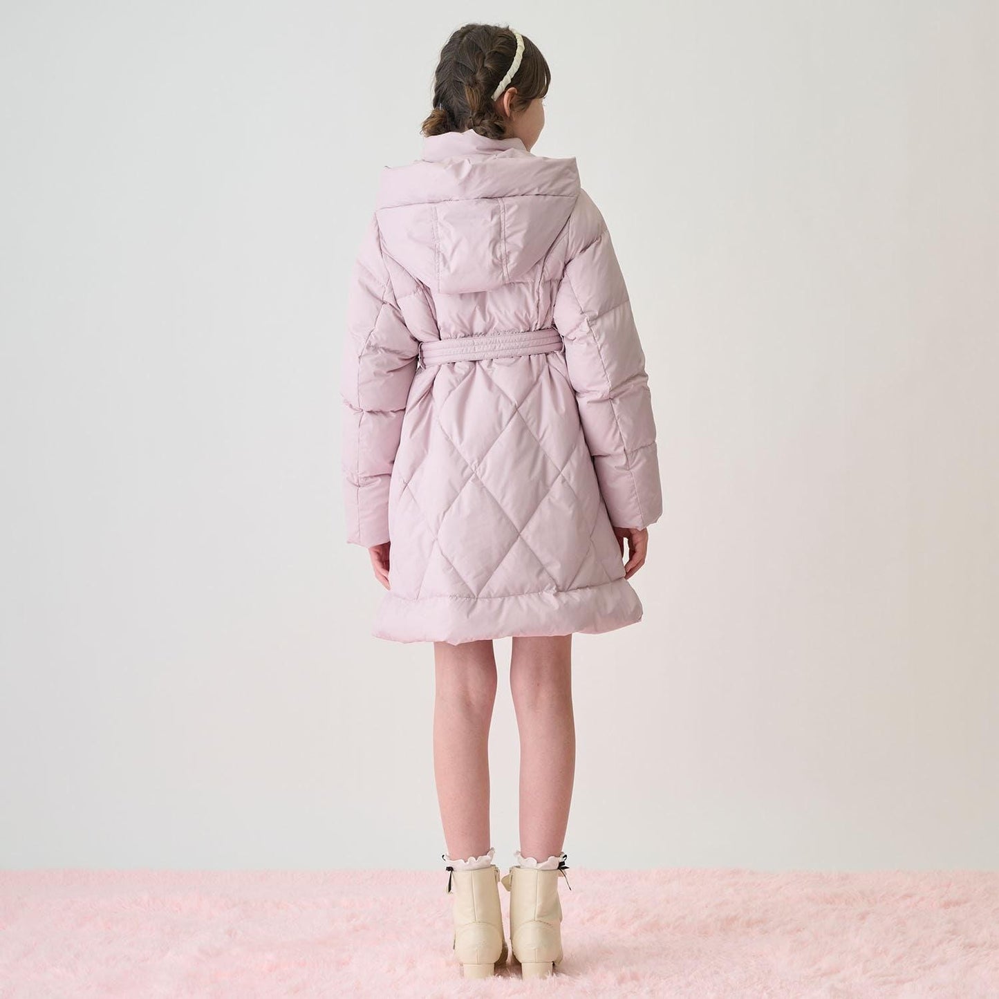 【防潑水】附蝴蝶結腰帶修身長款羽絨服