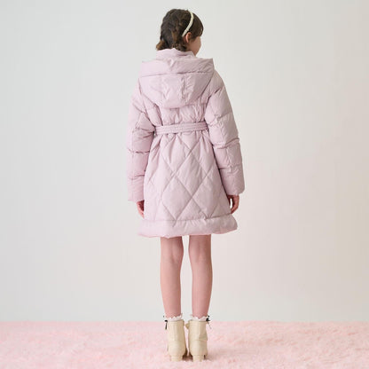 【防潑水】附蝴蝶結腰帶修身長款羽絨服