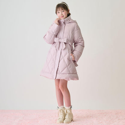 【防潑水】附蝴蝶結腰帶修身長款羽絨服