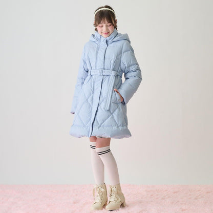 【防潑水】附蝴蝶結腰帶修身長款羽絨服