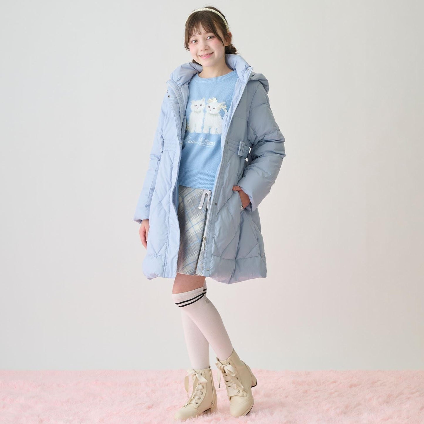 【防潑水】附蝴蝶結腰帶修身長款羽絨服