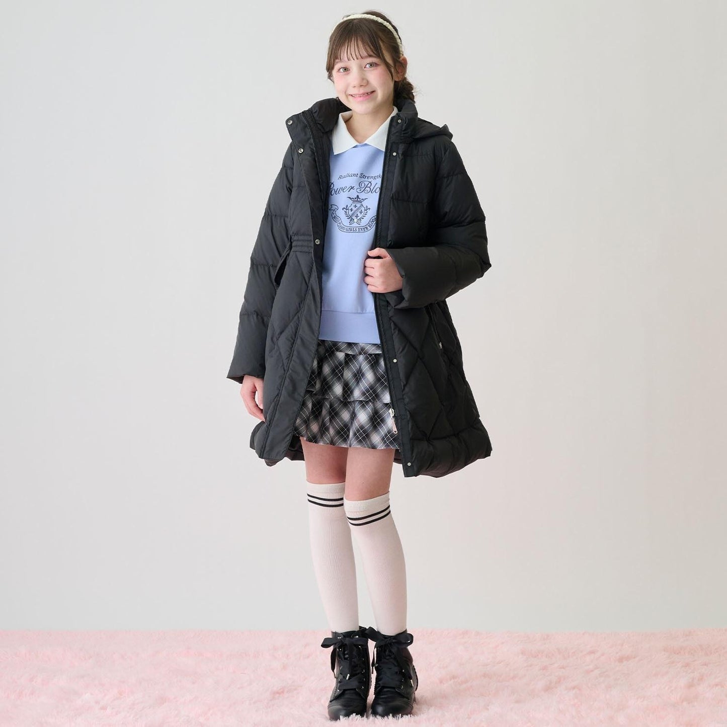 【防潑水】附蝴蝶結腰帶修身長款羽絨服