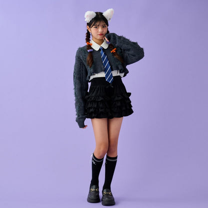 領帶襯衫短款針織套裝