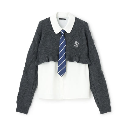 領帶襯衫短款針織套裝