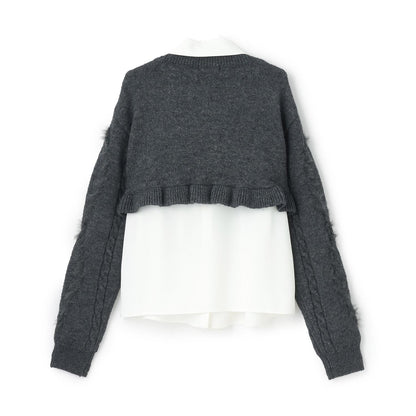 領帶襯衫短款針織套裝