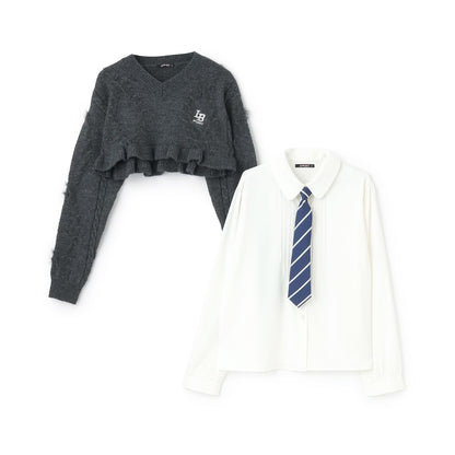領帶襯衫短款針織套裝